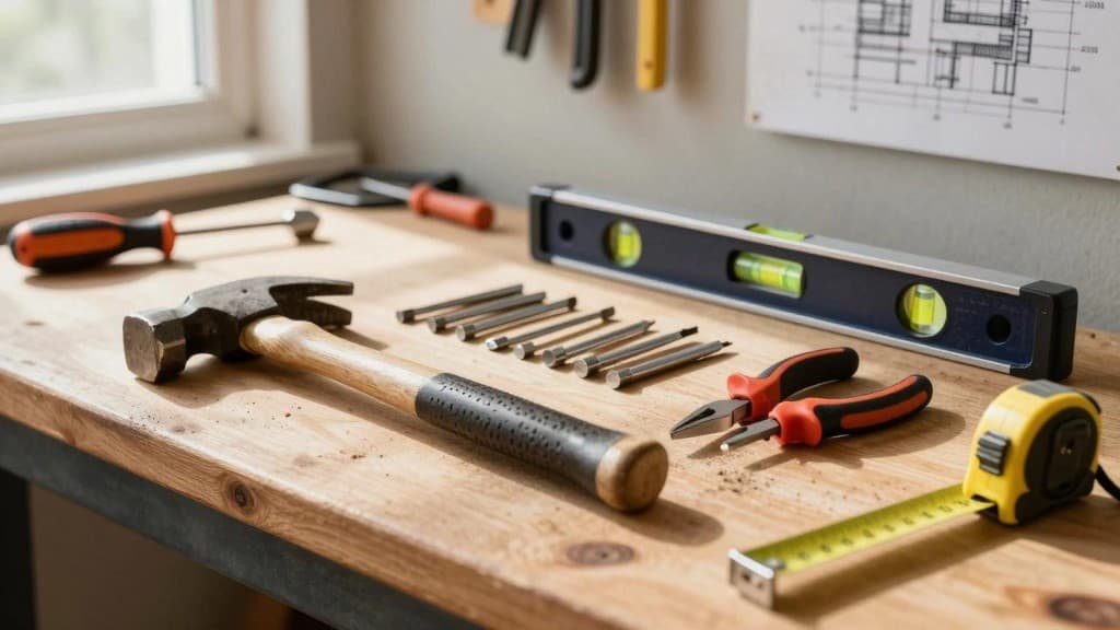 Werkbank mit Hammer, Wasserwaage und Maßband